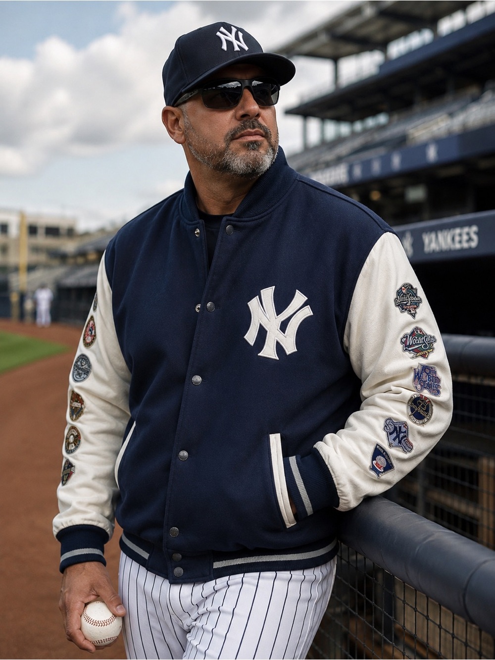 Men's Navy and White Varsity Jacket with Team Logo and 26 patches